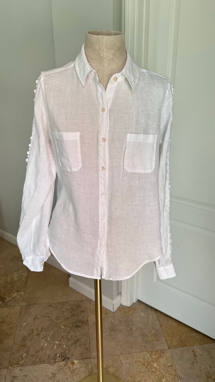 Lilly Pulitzer Sea View Linen Button Down Top White Crochet Sleeve Sz S